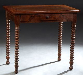 French Provincial Louis Philippe Carved Walnut Writing Table, 19th c., the rounded corner top over a long frieze drawer, on bobbin turned legs, H.- 28
