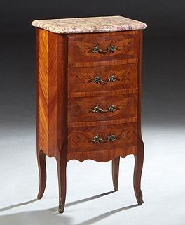 French Carved Inlaid Mahogany Louis XV Ormolu Mounted Marble Top Nightstand, 20th c., stepped ocher bow front highly figured marble over a bank of fou