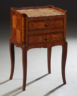 French Inlaid Mahogany Louis XV Style Marble Top Nightstands, 20th c., the 3/4 galleried top with an inset Breche d'Alpes marble over a bank of two se