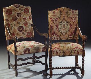 Two French Carved Walnut Fauteuils a la Reine, late 19th c., one Louis XV style, the arched canted upholstered high back flanked by curved arms, to a 