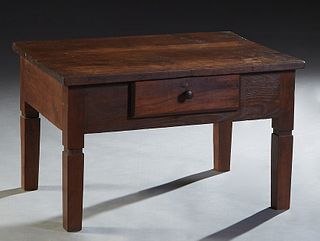 French Provincial Louis XVI Style Carved Walnut Coffee Table, 19th c., with a frieze drawer, on tapered square legs, cut down from a writing table, H.