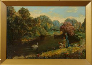 Giuseppe P. Anzino, "Family Feeding the Baby Swans," 1912, oil on panel, signed and dated lower right, presented in a wide gilt frame, H.- 15 1/4 in.,