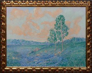 Arthur Bishop Jeffreys (1892-1970, Texas), "Bluebonnet Landscape Scene," 20th, oil on canvas, signed lower right, presented in a gilt frame, H.- 11 1/