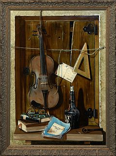 Rino Pianetti (1920-1972, Italy), "A Mio Figlio Carlo, Still Life with Violin and Books," 20th c., oil on burlap, signed within painting, presented in