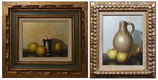 Ansje Veerkamp (Dutch), "Still Life of Apples and Cherry Blossoms," and "Pitcher with Apples," 20th c., pair of oils on canvas, each signed lower righ