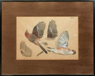 Chinese School, "Study of a Finch," early 20th c., watercolor on paper, signed in Chinese, presented in a gold frame, H.- 10 5/8 in., W.- 15 1/8 in., 