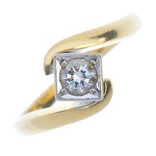 An 18ct gold diamond single-stone crossover ring. The brilliant-cut diamond, within a square-shape s