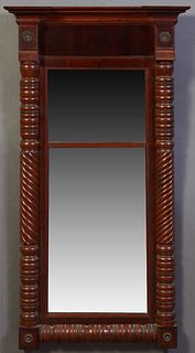 American Federal Carved Mahogany Overmantel Mirror, 19th c., ogee breakfront crown over a small mirror plate and a larger plate, flanked by applied ro