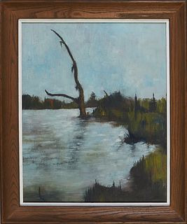 Southern School, "Bayou Landscape," 20th c., oil on canvas board, initialed P.L. lower right, presented in a wood frame, H.- 19 1/4 in., W.- 15 1/2 in