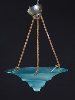 French Art Deco Blue Glass Hanging Hall Light, c. 1930, with a stepped geometric circular shade with one light, H.- 6 1/2 in., Dia.- 15 3/4 in.