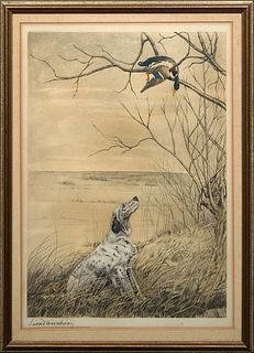 Leon Danchin (1887-1938, American/French), "English Setter with Mallard Drake in a Tree," 20th c., print, pencil signed lower left, presented in a gil