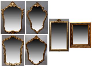 Group of Five French Louis XV Style Gilt and Gesso Overmantel Mirrors, 20th c., one a rectangular example with a relief liner, H.- 25 1/2 in., W.- 20 