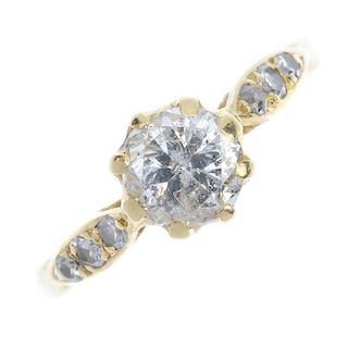 A diamond single-stone ring. The brilliant-cut diamond, to the single-cut diamond marquise-shape sid