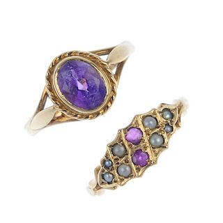 A selection of four 9ct gold gem-set dress rings. To include an oval-shape amethyst single-stone rin