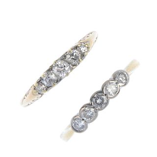 A selection of four diamond rings. To include an Edwardian 18ct gold graduated old-cut diamond five-
