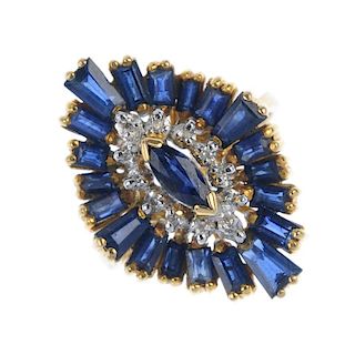 A sapphire and diamond dress ring. The marquise-shape sapphire, within a single-cut diamond and tape