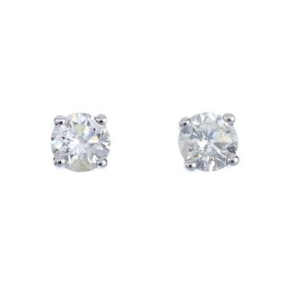 A pair of 18ct gold brilliant-cut diamond ear studs. Total diamond weight 0.33ct, stamped to mount,