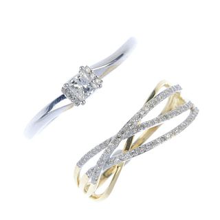 Two 9ct gold diamond dress rings. The first designed as a square-shape diamond, to the brilliant-cut