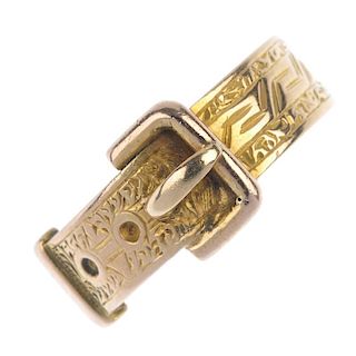 A late Victorian 18ct gold buckle ring. Designed as an engraved buckle. Hallmarks for Birmingham, 18