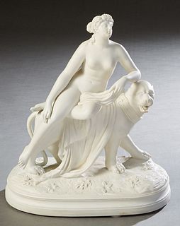 Parian Figure of a Nude Classical Woman, 19th c., reclining atop a lion, on a stepped integral oval base, H.- 15 1/2 in., W.- 13 1/2 in., D.- 7 1/4 in