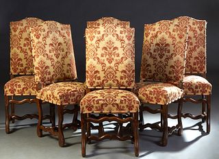 Set of Six French Provincial Louis XV Style Dining Chairs, early 20th c., arched canted upholstered back over a trapezoid cushion upholstered seat, on