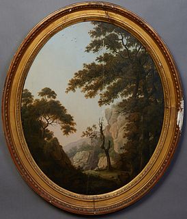 Romantic Era Continental School, "Mountain Landscape," 19th c., oil on panel, unsigned, presented in an oval gilt frame, H.- 27 3/8 in., W.- 22 1/2 in