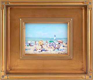 Niek van der Plas (1954-, Dutch), "Beach Scene," 20th c., oil on panel, signed lower right, with artist name etched on panel en verso, presented in a 