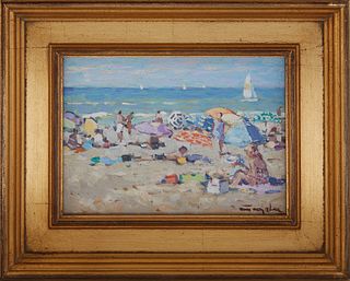 Niek van der Plas (1954-, Dutch), "Beach Scene," 20th c., oil on panel, signed lower right, with artist signature etched on panel en verso, presented 