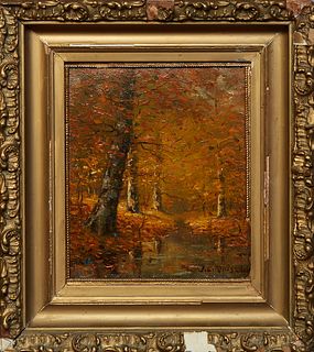 J.L. Russell, "Fall Landscape," 19th/20th c., oil on board, signed indistinctly lower right, presented in a gilt frame, H.- 8 1/8 in., W.- 6 5/8 in., 