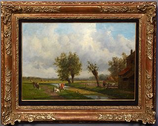 Willem Vester (1824-1895, Dutch), "Cattle on the Farm," 19th c., oil on canvas, signed lower left, presented in a velvet lined gilt frame, H.- 11 1/2 
