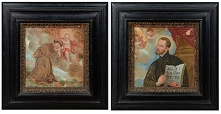 Old Master School, "Friar and Putti" and "St. Cajetan with Putti," 19th c., verre eglomise, unsigned, each presented in an ebonized wood frame, H.- 10