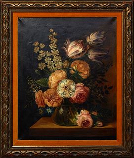 American School, "Still Life of Flowers," early 20th c., oil on canvas, unsigned, presented in a velvet lined gilt frame, H.- 19 in., W.- 15 in., Fram