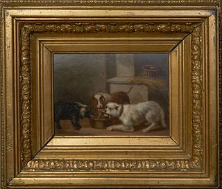Vincent de Vos (1829-1875, Belgium), "Dogs Eating," early 20th c., oil on board, signed lower left, presented in a gilt frame, H.- 6 3/8 in., W. 9 1/8