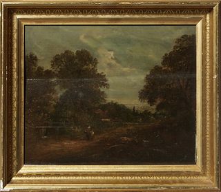 Continental School, "Landscape with Figure on Path," 19th c., oil on panel, unsigned, presented in a gilt frame, H.- 13 1/2 in., W.- 17 3/4 in., Frame