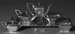 Seven Piece Gorham Sterling Coffee Service, c. 1900, in the "Fairfax" pattern, #04, consisting of a coffee pot, teapot, covered sugar, creamer, waste 