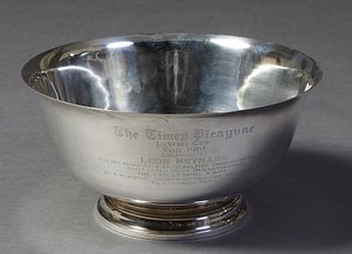 Large Sterling Silver Footed Punch Bowl, 20th c. by Tiffany & Co., # 23620, the side engraved "The Times Picayune Loving Cup for 1961, Awarded to Leon