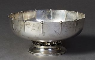 Large Sterling Silver Danish Modern Style Punch Bowl, c. 1950, by William L. DeMatteo, in the Georg Jensen taste, with a ball topped rim over tapering
