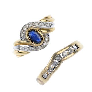 Two diamond and sapphire dress rings. To include an oval-shape sapphire collet with single-cut diamo