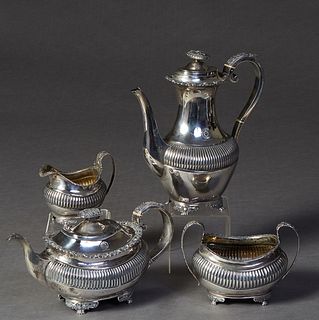 English Four Piece Sterling Tea Service, 1820, London, by George Hunter II, consisting of a coffee pot, teapot, creamer, and open sugar, with ribbed s