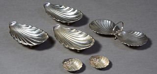 Group of Six Sterling Silver Shell Form Bowls, early 20th c., consisting of a double shell nut bowl, #LB509, verso engraved "Marguerite Gaut Trophy Se
