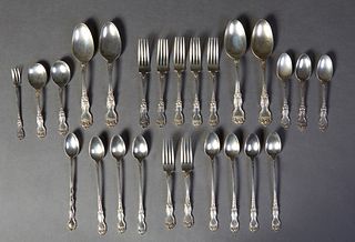 Twenty-Six Piece Group of Sterling Silver Flatware, by Wallace, in the "La Reine" pattern, 1921, consisting of 8 iced tea spoons, 6 luncheon forks, 2 