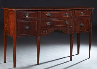 Inlaid American Banded Mahogany Hepplewhite Style Sideboard, 20th c., the serpentine bowed top over a bank of three drawers, flanked by concave frieze