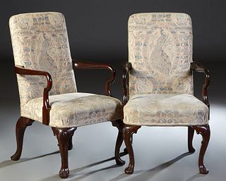 Frank Livaudais (New Orleans), Pair of George I Style Carved Mahogany Armchairs, 20th c., the canted rectangular upholstered back to curved arms and a