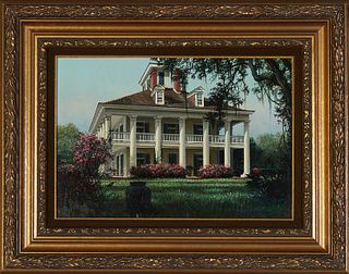 James Kendrick III (1946-2013, American/Louisiana), "Houmas House and Gardens," 1983, oil on panel, signed and dated lower right, signed and dated en 