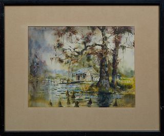 Robert M. Rucker (1932-2001, Louisiana), "Bayou Landscape with Cabin," 20th c., watercolor on paper, signed lower right, presented in a black frame, H