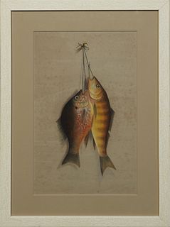 Louisiana School, "Natur Morte of Fish," 19th c., pastel on paper, presented in a painted wood frame, H.- 14 1/4 in., W.- 8 5/8 in., framed H.- 19 1/2