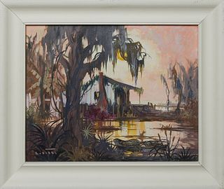 Colette Pope Heldner (1902-1990, New Orleans), "Swamp Idyl," 20th c., oil on board, signed lower left, signed and titled en verso, presented in a poly