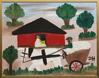 Clementine Hunter (1887-1987, Louisiana), "Hauling Cotton," 20th c., oil on canvas, signed lower right, presented in a gold metallic frame, H.- 13 1/4