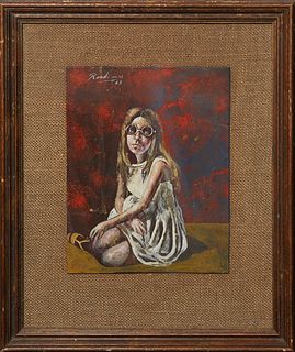 Noel Rockmore (1928-1995, New Orleans), "Portrait of a Seated Woman," 1969, acrylic on board, signed and dated upper left, presented in a burlap mat a