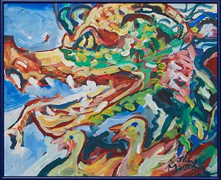 James Mouton (1925-2011, New Orleans), "Dragon and Ducks," 20th c., oil on cardboard, signed lower right, presented in a blue frame, H.- 13 1/2 in., W
